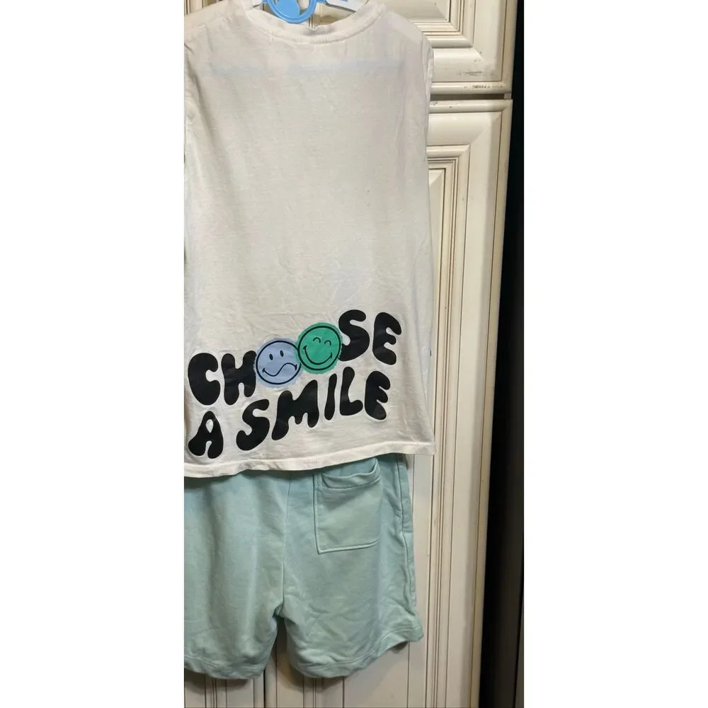 H&M Girls Smiley World Sleeveless Top and Short Outfit Sets White Green Size 6-7